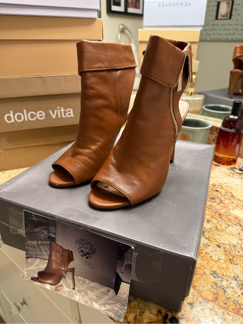 Vince Camuto Women's Brown Leather Peep-Toe Ankle Booties